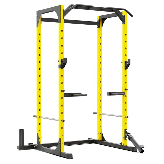 Synergee Cage de Support d'Entraînement avec Casquettes en J, Bras de Sécurité, Barre de Traction, Fixation pour Mines Terrestres et Barre en T, Support pour Barre et station de Trempage. Support d'Exercice Autoportant d'Une Capacité de 750 lb, Idéal pour les gyms à Domicile et l'Entraînement de Force. Comprend un Cadre en Acier durable avec une Finition Jaune Mat.