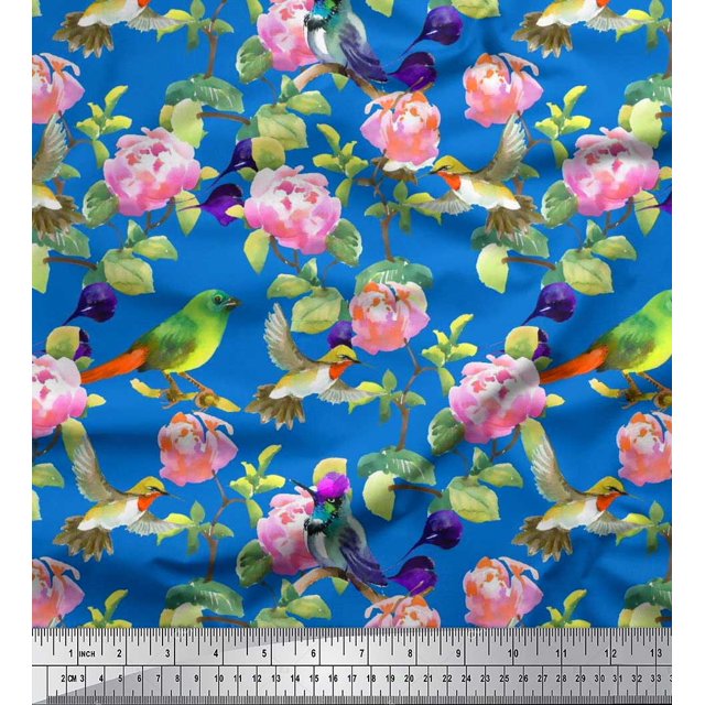 Soimoi polyester Crepe Fabric Leaves,Floral & Hummingbird Bird Printed Craft Fabric by the Yard 52 Inch Wide