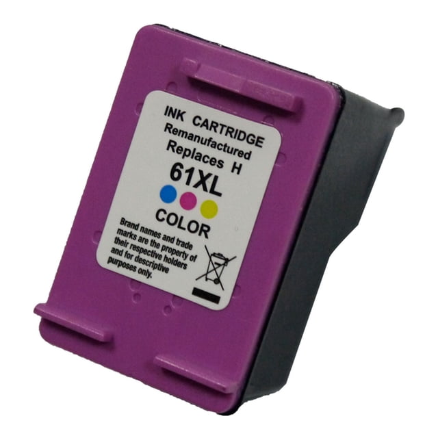 L-ink Compatible HP 61XL High Yield Tri-colour Ink Cartridge (CH564WN) shown in a close-up angled view with purple casing and white label displaying remanufactured tri-color ink dots cyan, magenta, and yellow, designed for HP DeskJet and OfficeJet printers, offering ISO-certified economical printing.