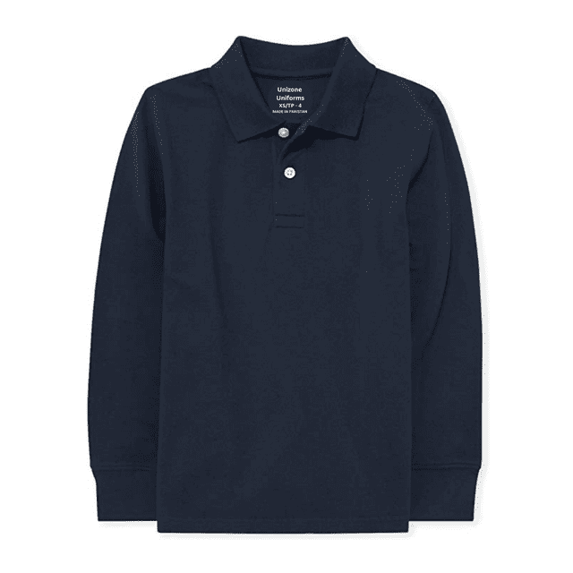 Unizone Uniforms polo Piqué à Manches Longues pour Garçon, Petite Taille et Couleur Marine. Fabriqué en Mélange de Coton Respirant, Ce Chandail Présente un Col Classique, une Patte de Boutonnage à Deux Boutons et des Poignets Côtelés, Idéal pour les Uniformes Scolaires Ou les Tenues Décontractées.