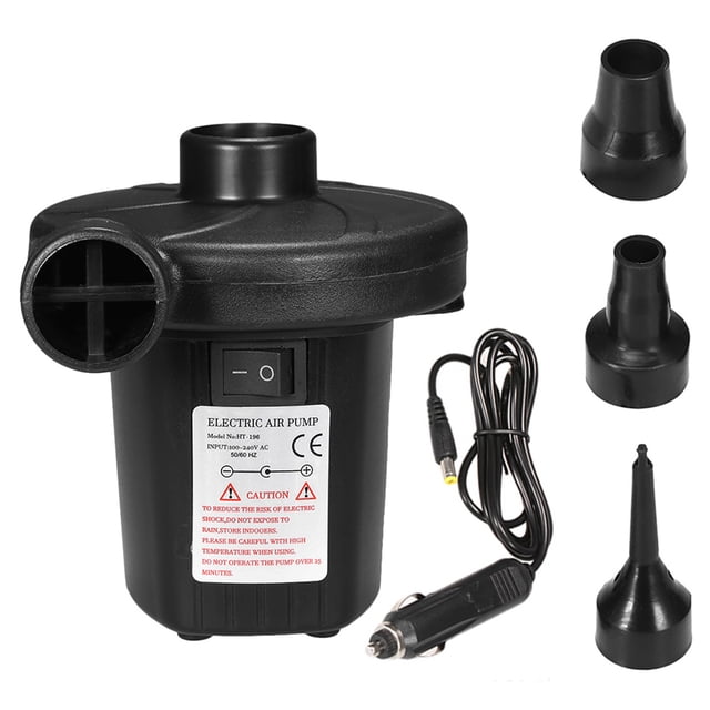 Car Inflatable Pump Electric Air Mattress Camping Pump in black ABS material, designed for camping gear and featuring a compact body with three detachable nozzle sizes for versatile use. Includes a car charger and operates at 5000mpa/0.8psi pressure with 480L/min airflow. Ideal for airbeds, inflatable pools, boats, sofas, and swim rings.