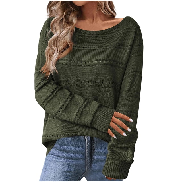 Penkiiy Chandails pour Femmes 2024 Mignon Élégant Doux Col Rond Manches Longues Ajouré Tricot Torsadé Chandail à Enfiler Hauts S Vert Armée