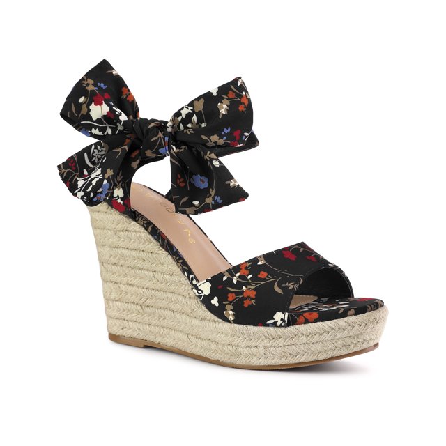 BLISSFUL STEP Chaussures pour Femmes Sandales Compensées Espadrilles à Plateforme à Bride Arrière à Imprimé Floral avec Nœud Noir 10