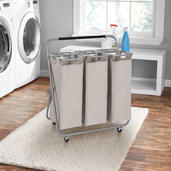 Mainstays 3 Bin Laundry Sorters, Laundry Sorter Cart for Adult, 3 Removable Bags with Handles Provide Added Portability, 4 Casters, 2 With Lockers