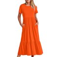 thumbnail image 2 of Penkiiy Robe Maxi Évasée d'Été Décontractée pour Femme à Manches Courtes et Col Ras du Cou, Fluide, Asymétrique, à Étages, Robe de Plage avec Poches, TG, Orange, 2 of 8