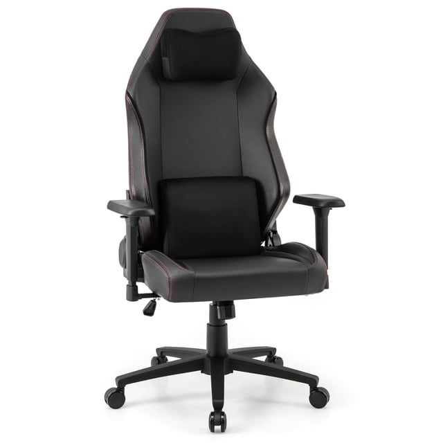 Costway Gaming Chair Ergonomic High Back Computer Chair with Rocking Function & 2D Armrests. This black gaming chair features a curved high backrest, magnetic headrest, and lumbar pillow for ergonomic support. It includes a 90-155° reclining function, 15° rocking capability, and adjustable seat height from 17.5 to 20.5 inches. The 2D armrests can be adjusted vertically and horizontally for personalized comfort. Constructed with a sturdy metal frame, a 5-claw base, and smooth-rolling casters, it supports up to 330 lbs. The chair is upholstered in durable, waterproof PVC leather and has a sleek, modern design.