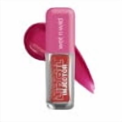Lip Oil Injector - Flirt Filter by wet n wild, a clear rectangular lip oil container with a pink cap, shown with a deep pink lip oil swatch behind it, featuring a lightweight, buildable, and cruelty-free formula that adds shine and plumps lips without greasiness.