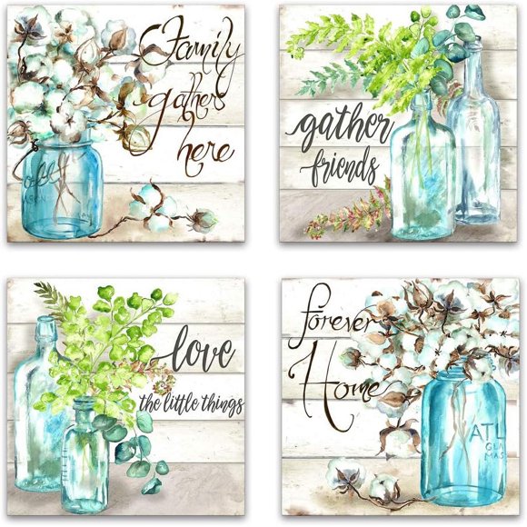 Kitchen Wall Art for Decor Flowers Canvas Print Beautiful Watercolor-Style Family Gathers Here and Forever Home Mason Jar Floral Artwork Four 16x16inch Framed Prints (green, 16inchx16inch x4pieces)