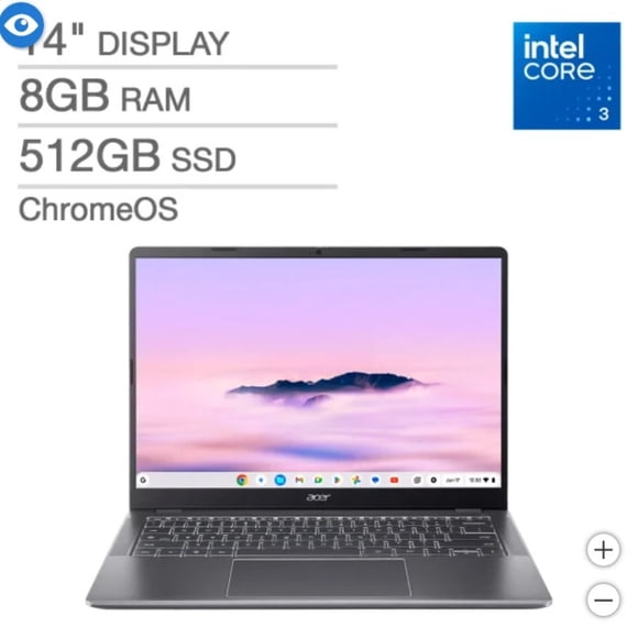 Acer Chromebook Plus 514 14” WUXGA Portable à Écran Tactile avec Google AI Intel Core 3 N355 8 Go 512 Go Chrome OS Gris