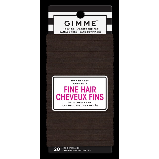 D-GIMME HAIR CARE GME HAIR BANDS 20 CT featuring 20 dark brown elastic hair ties for fine hair with no snag, no creases, and no glued seams for damage-free hold, displayed on a black and white striped card with bilingual English and French text, suitable for everyday hair styling.