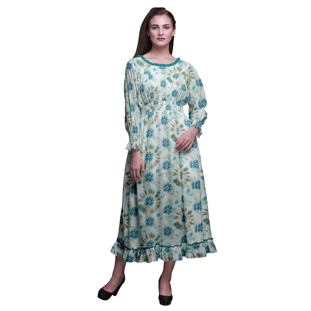 Bimba Tie-Dye Women Cotton Smocked Boho Renaissance Long Ruffle MaxiDress-Small
