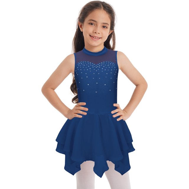 Girls Shiny Rhinestones Sleeveless Figure Ice Skating Dress Ballet Lyrical Modern Dance Performance Navy Blue 16