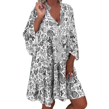 JIRNDf Robes Maxi d'Été pour Femmes Tendance Grande Taille Manches V Longues Imprimé Dames Mini Taille Bouton Ample Robes d'Été pour Femmes Robe Bohème Gris TTTG