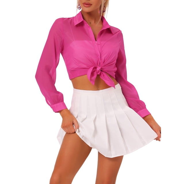 INSPIRE CHIC Chemise pour Femme en Maille Transparente à Col Pointu à Manches Longues Chemise Boutonnée TP Rose Vif