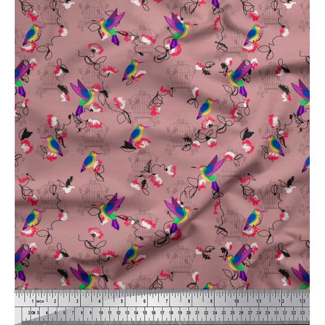 Soimoi Pink Cotton Duck Fabric Cage & Humming Bird Print Sewing Fabric Yard 56 Inch Wide
