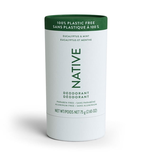 Native Plastic-Free Natural Deodorant eucalyptus and mint scent in a white cylindrical stick with green cap, aluminum and paraben free, 75 g (2.65 oz), offering effective long-lasting odor protection and sustainable personal care, suitable for daily use.