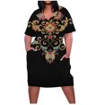 thumbnail image 1 of Pisexur Robes d'Été pour Femmes Mode Imprimé Floral Robe Décontractée Ample Col en V Manches Courtes Robes T-Shirt Fluide Surdimensionnée Robe de Plage avec Poches Grande Taille Mi-Mollet L-5TG, 1 of 5