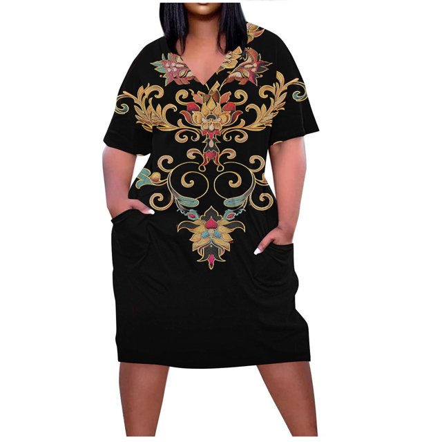 Pisexur Robes d'Été pour Femmes Mode Imprimé Floral Robe Décontractée Ample Col en V Manches Courtes Robes T-Shirt Fluide Surdimensionnée Robe de Plage avec Poches Grande Taille Mi-Mollet L-5TG