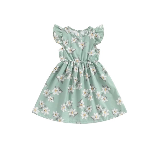 EYIIYE Robe Midi d'Été pour Petite Fille 1T-8T, Robe Trapèze à Manches Volantées pour Tout-Petit, Imprimé Floral, Col Rond, Robe Décontractée, Col Rond, Robe de Princesse à Fleurs pour Fête, Mode pour Enfants, Vêtements Mignons pour les Vacances
