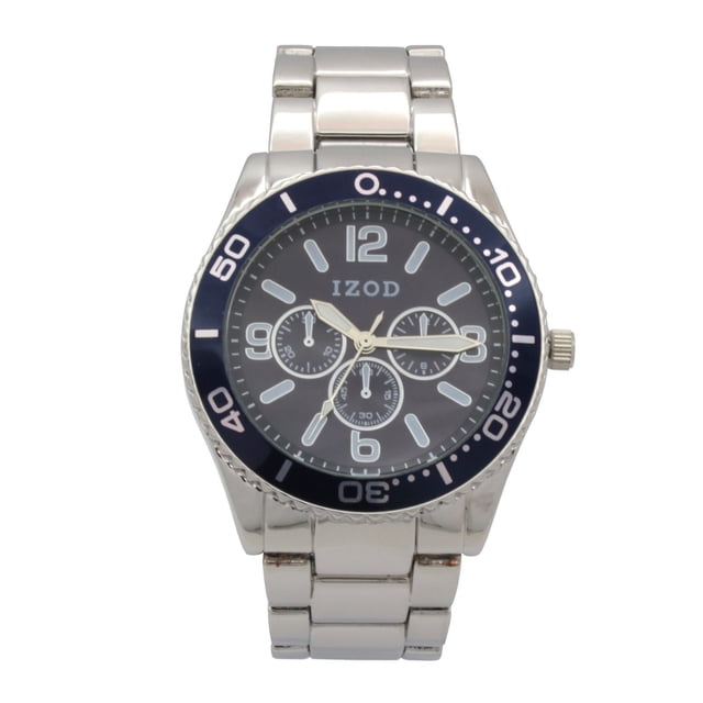 Izod Easy Read Analog Metal Link Bracelet Watch with a 43mm silver stainless steel case and link bracelet, clear blue dial with silver hands and markers, blue bezel with minute markers, three subdials, and silver metal clasp, ideal for everyday and dress wear.