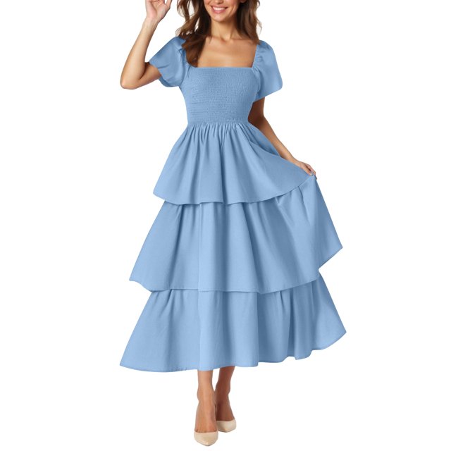 yoeyez Robe d'Été pour Femme à Manches Courtes Volantées, Encolure Carrée, Robe Midi Smockée, à Étages, Plage, Vacances, Fluide, Coupe Trapèze, Bleu Pâle, 2TG