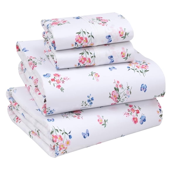 RUVANTI 100% Cotton Sheets – King Size Percale Bedding, Cooling & Breathable Floral Design, Durable with a Crisp, Soft & Comfortable Feel, 16" Deep Pocket, 4-Piece Set, Funa Flora