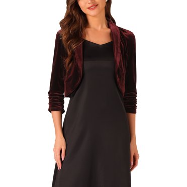 INSPIRE CHIC Long Sleeve Velvet Shrug for Women's Open Front Cropped Cardigan Top Burgundy M