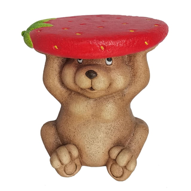 Angelo Décor Tabouret de Jardin en Forme d'Ours / Table d'Appoint avec un Petit Ourson Orienté vers l'Avant Tenant un Grand Dessus Rouge en Forme de Fraise avec des Graines Jaunes et une Feuille Verte, Fabriqué en Matériau durable et Résistant aux Intempéries, Idéal pour les Tabourets de Jardin et la Déco de patio Extérieur, Convient Aussi comme Siège Intérieur Ludique Ou Table d'Appoint.