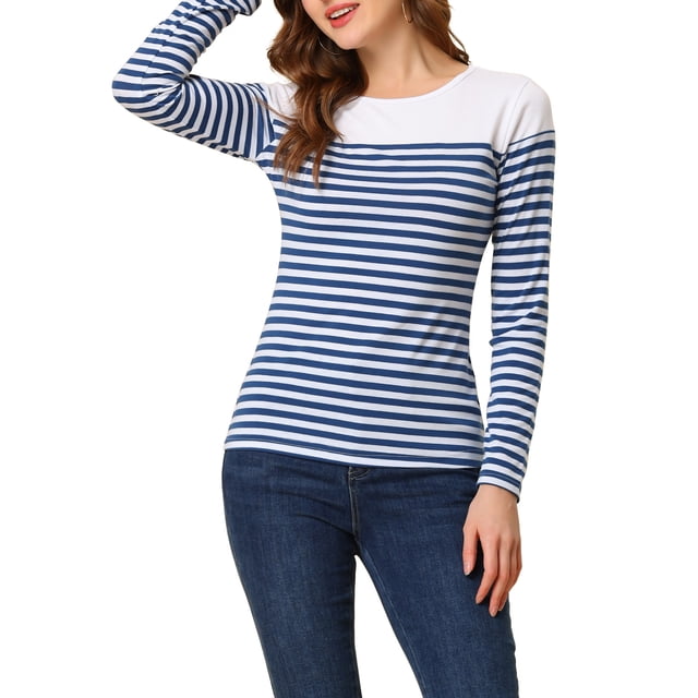 INSPIRE CHIC Blouse pour Femme à Rayures à Blocs de Couleur à Manches Longues T-Shirt Décontracté S Bleu Blanc