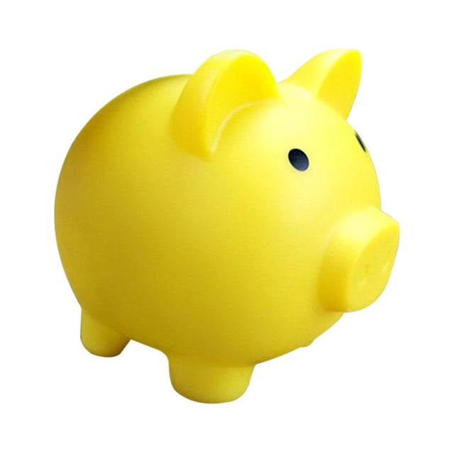 Cute Pig Bank Plastic Pig Money Bank for Boys Girls. A bright yellow vinyl piggy bank with a rounded design, featuring black eyes and a coin slot on the top. Compact size of 3.93 inches wide, 5.12 inches long, and 4.52 inches high, ideal for kids and adults. Safe and reusable with a bottom opening for easy coin retrieval, perfect for saving money.