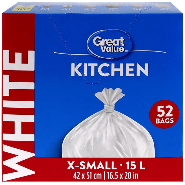 Great Value X-Small Kitchen Garbage Bags box with 52 white bags sized 15 L (42 x 51 cm), designed for sanitary disposal of kitchen waste in 15-litre containers, featuring hand-knot closure and suitable for versatile household use.