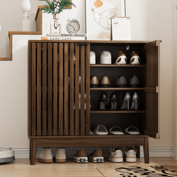Semiocthome 4 Tiers Shoe Storage Cabinet for Hallway, 2-Door, 16 Pairs Shoe Rack Organizer, Walnut