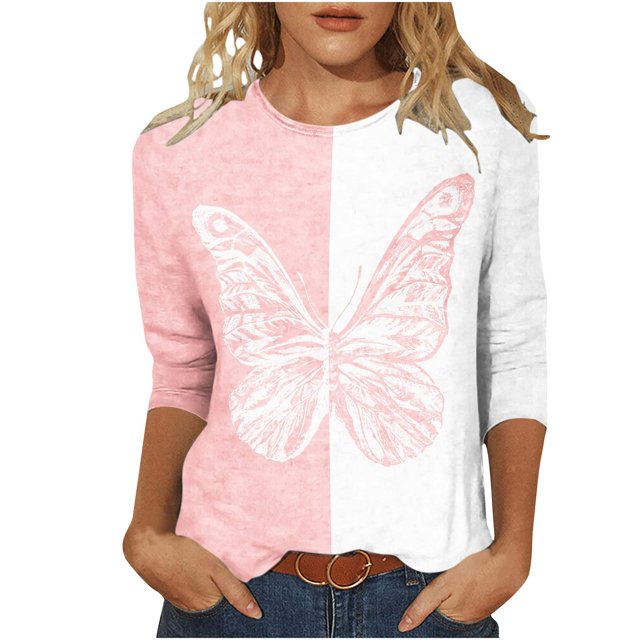 Hauts à Manches 3/4 pour Femmes Mode Féminine T-Shirt Imprimé Ample Blouse Mi-Longue à Manches 3/4 Col Rond Hauts Décontractés T-Shirts en Coton pour Femmes T-Shirts pour Femmes Mode