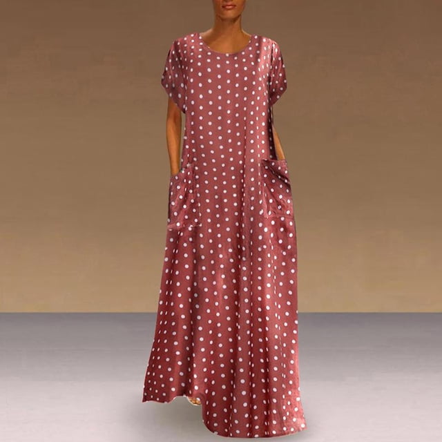 EGNMCR Robes d'Été Femmes Tendance 2024 Femmes Grande Taille Ample Manches Courtes Vacances Poches Imprimé à Pois Robes Maxi