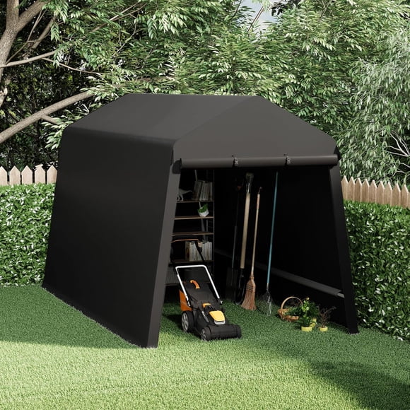 7x12 Ft Outdoor Portable Storage Shed Heavy-Duty Carport with Roll-Up Zipper Doors and Vents Waterproof UV-Resistant Anti-Snow Shelter for Motorcycles ATVs Bikes and Outdoor Gear Black