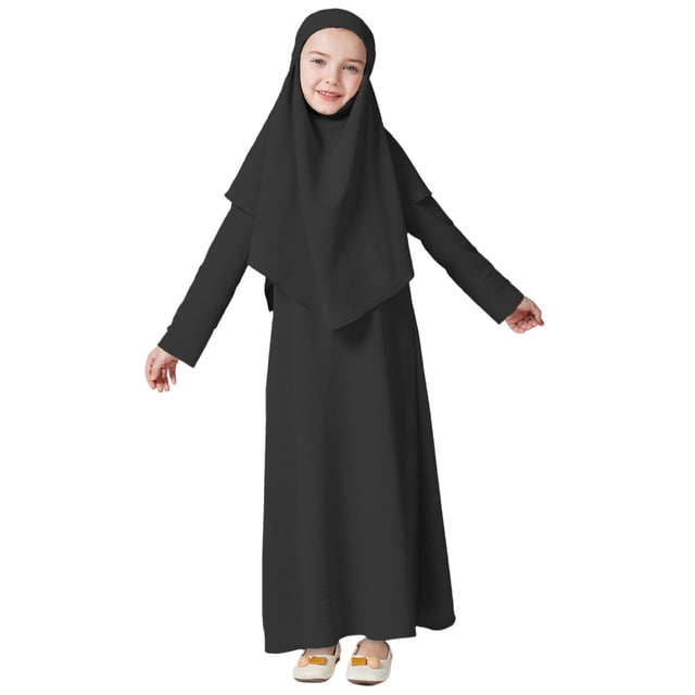MEZZALL Robe pour Filles à Manches Longues Robe de Prière Hijab pour Enfants Filles Abaya Mignonne Robe d'Été pour Tout-Petits, Noir, 9-10 Ans