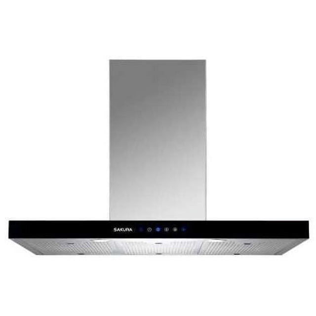 Sakura 30" M3000-L stainless steel range hood with 9ft adjustable chimney, featuring black glass touch screen controls, dishwasher-safe stainless steel beehive filters, dual LED lighting, and a quiet 780 CFM jet-turbine fan for effective kitchen ventilation.