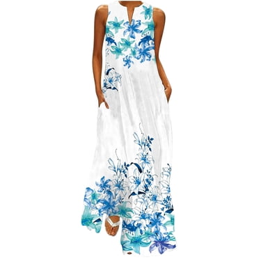 Leutsin Robe Longue Décontractée pour Femme avec Imprimé Rayé et Floral, Robe Maxi Sans Manches