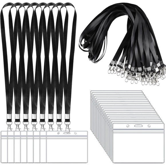 50 Pack Name Tag Lanyards with Id Holder, Clear Plastic Horizontal Name Tags Holders and Black Badge Lanyards with ID Holder for School Office Team Workers Volunteers (Black)