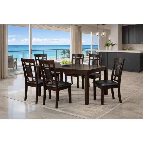 K-Living 7-Piece Solid Wood Dining Table Set in Espresso (Table & 6 Chairs)