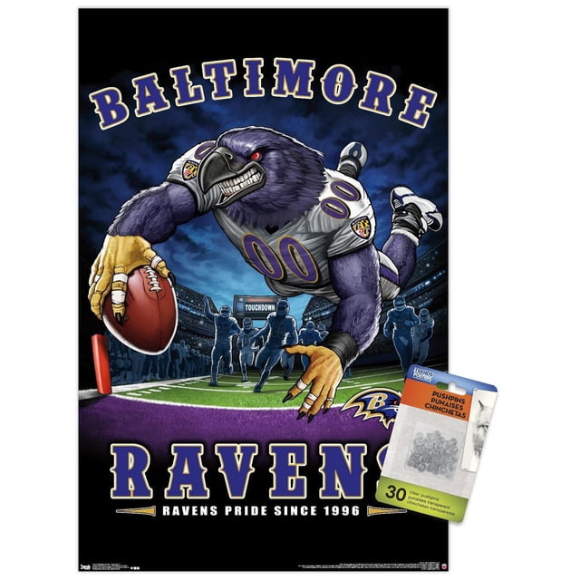 NFL Baltimore Ravens - Affiche Murale End Zone 17, 14,725 Po x 22,375 Po, Représentant une Mascotte Violette de Corbeau en Équipement de football Plongeant pour Marquer un Touché sur un Terrain de Stade avec des Joueurs et un Panneau de Touché, Présentant un Texte Audacieux des Baltimore Ravens et la Fierté des Ravens depuis 1996, Imprimée sur du Papier d'Affiche Lustré, Idéale pour la Déco Murale de la Maison