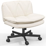 Exenoray Wide Armless Desk Chair with Wheels, Adjustable Swivel Office Task Chair, Upholstered Vanity Chair for Bedroom, Study or Home Workspace,White