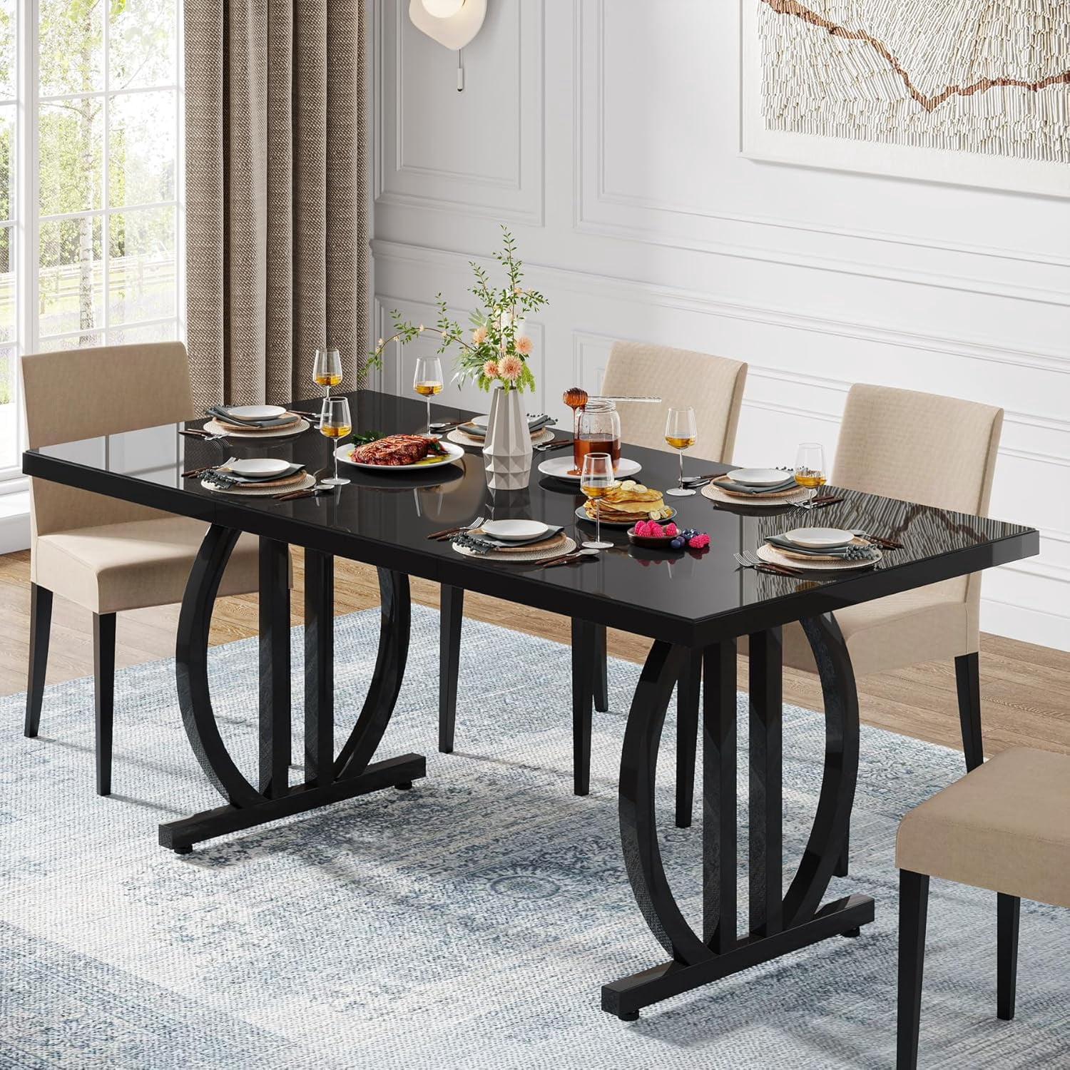 Tribesigns Dining Table for 4-6 People, 63-Inch Black Rectangular Wood Kitchen Table with Strong Metal Frame, Modern Industrial Dining Table Farmhouse Dinner Table for Home Kitchen Dining Room