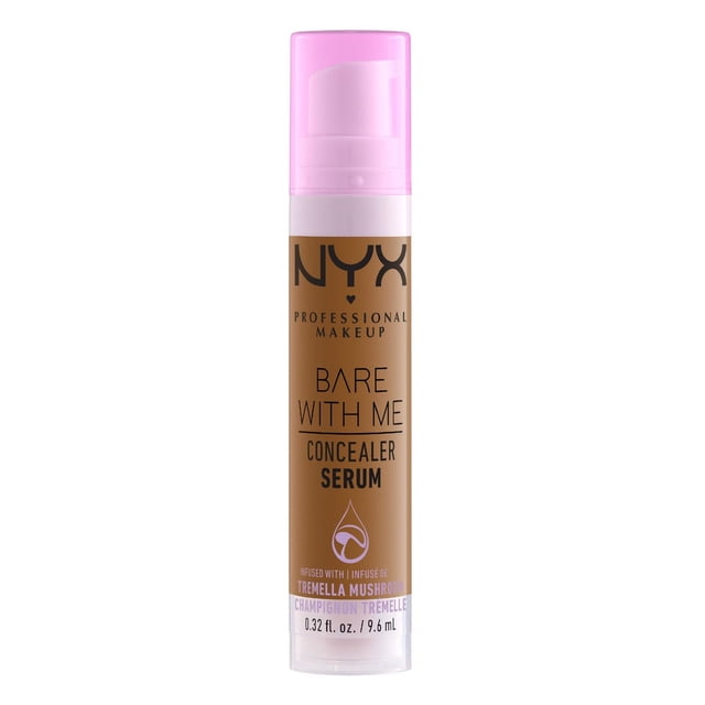 NYX Professional Makeup Bare With Me Serum Concealer 24HR Hydration in shade 02 Light, 9.6mL, in a slim cylindrical bottle with a pink translucent pump cap and brown label with black text, infused with tremella mushroom for hydration and lightweight, natural coverage.