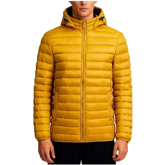 hoksml Men's Detachable Hood Puffer Jacket with Slash Pockets Solid Color Zip-Front Quilted Coat for Winter Warmth