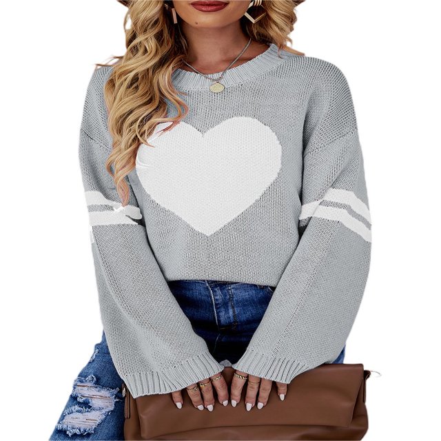 Pull pour Femmes Manches Longues Col Tricoté Cœur Ample Fête de Rue Chemise Décontractée Rose TG