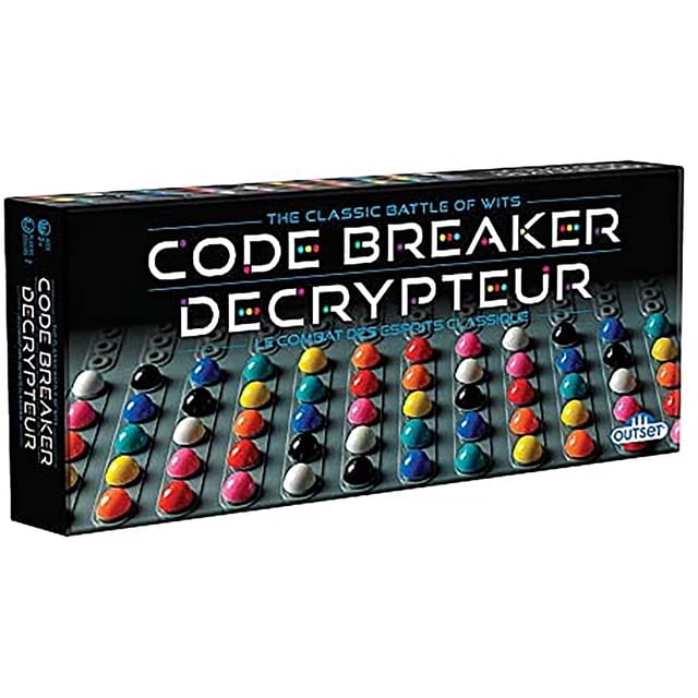 Outset Media Code Breaker Board Game, a classic strategy game of logic and deduction for two players aged 8 and up. Features a black-foil gift box, a large game board, and vibrant plastic game pieces. Promotes STEM learning and problem-solving skills with thousands of possible codes for varied gameplay.