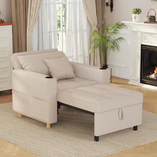 AECOJOY Fauteuil-Lit Convertible 3-en-1 et Canapé-Lit Futon avec Dossier Réglable et 2 Oreillers - Beige