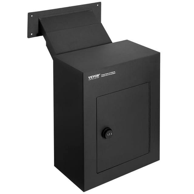 VEVOR Through The Wall Drop Box 13x7x17 inch black mailbox with combination lock, crafted from heavy-duty steel with a powder-coated finish for rust resistance. Features include a rainproof flap, drainage holes, and a spacious 9.5x1 inch slot for secure mail storage. Compatible with walls 2.8 to 7.9 inches thick, ideal for outdoor use.