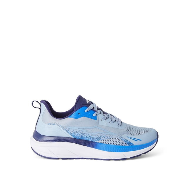 Avia Espadrilles Athlétiques pour Hommes en Bleu Pâle et Bleu Marine avec Empeigne en Similicuir Synthétique et en Maille, Fermeture à Lacets, Bout Rond, Largeur Grand et Semelle Extérieure en Caoutchouc Blanc Épais avec Semelle Antidérapante, Montrées sur un Profil Latéral sur Fond Blanc, Convenant aux Tenues Décontractées et aux Entraînements Légers.